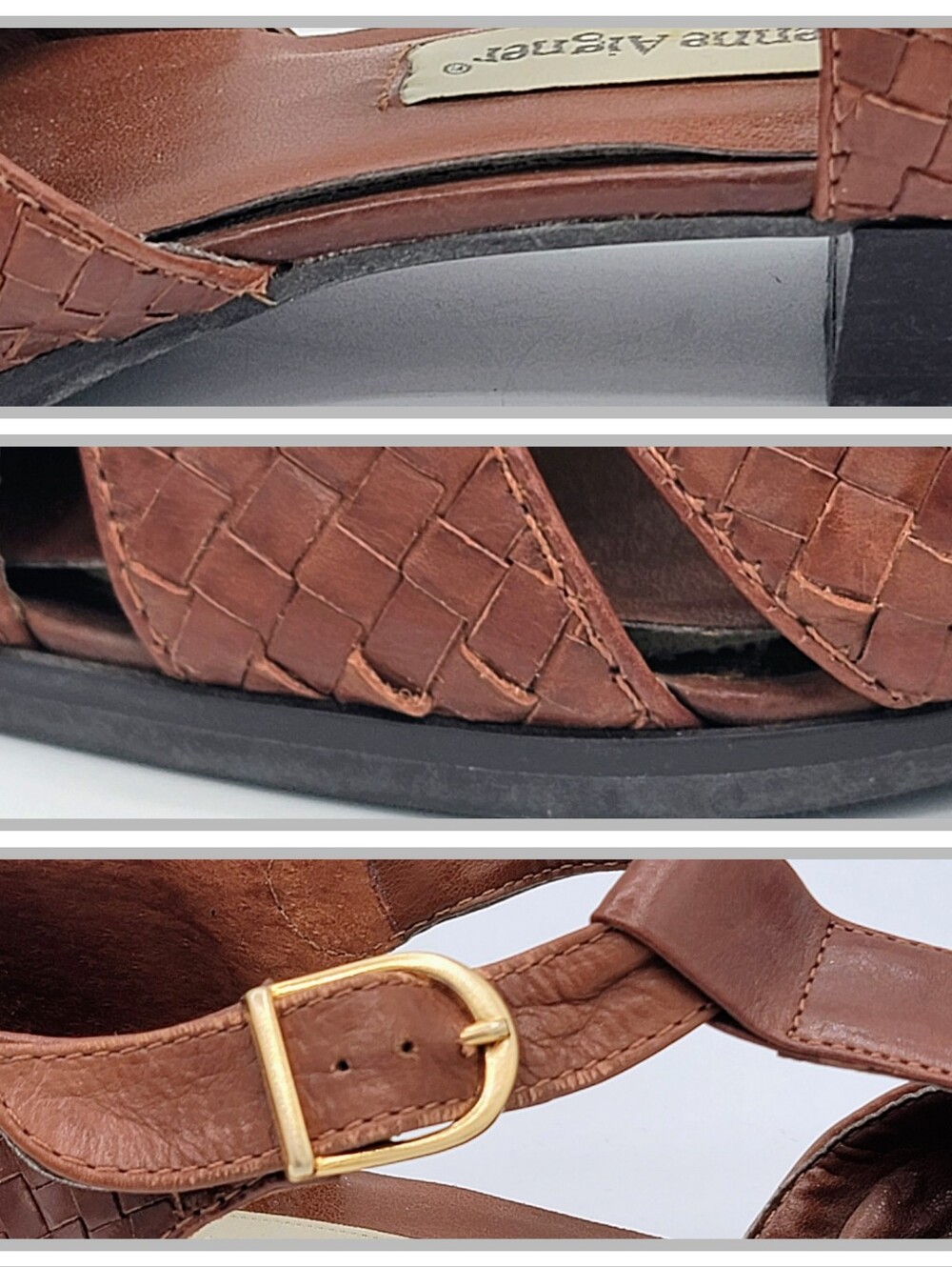 Etienne Aigner Toba Woven Leather T Strap Peep Toe Shoes Womens 9.5 M Brazil 80s - Picture 14 of 16